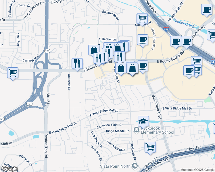 map of restaurants, bars, coffee shops, grocery stores, and more near 300 East Round Grove Road in Lewisville