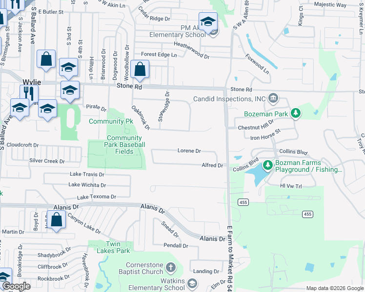 map of restaurants, bars, coffee shops, grocery stores, and more near 912 Lorene Drive in Wylie