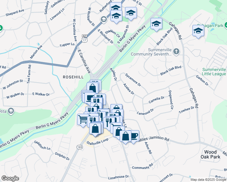 map of restaurants, bars, coffee shops, grocery stores, and more near 301 Rose Lane in Summerville