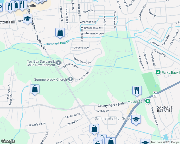 map of restaurants, bars, coffee shops, grocery stores, and more near 184 Jupiter Ln in Summerville