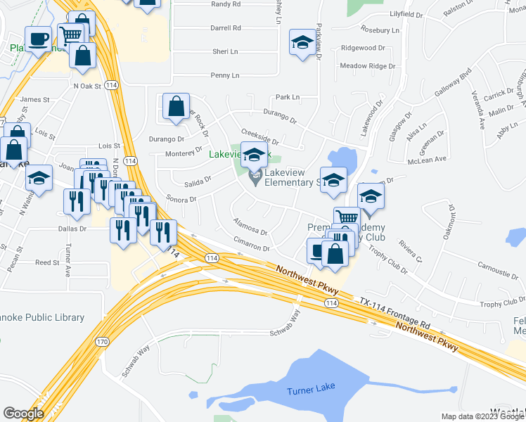 map of restaurants, bars, coffee shops, grocery stores, and more near 8 Chisos Court in Trophy Club