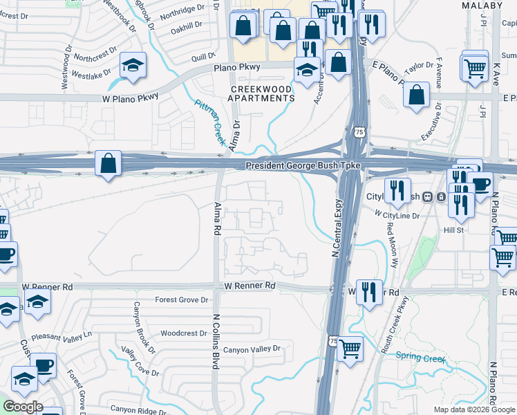 map of restaurants, bars, coffee shops, grocery stores, and more near in Richardson