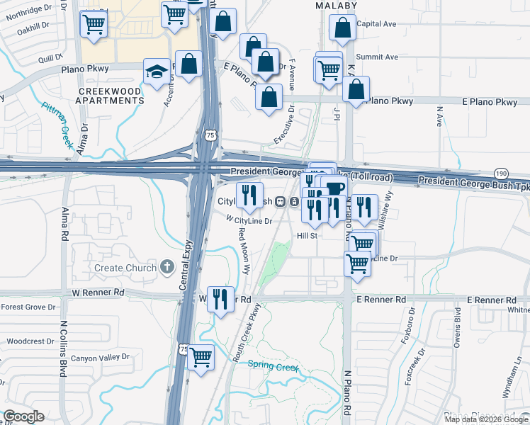 map of restaurants, bars, coffee shops, grocery stores, and more near 110 West CityLine Drive in Richardson