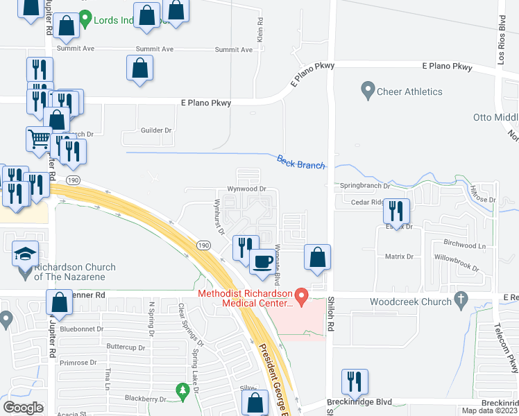map of restaurants, bars, coffee shops, grocery stores, and more near 380 Vistacourt Drive in Plano