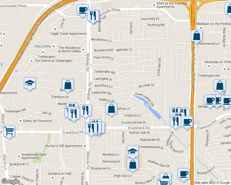 map of restaurants, bars, coffee shops, grocery stores, and more near 4115 Cedarview Rd in Dallas