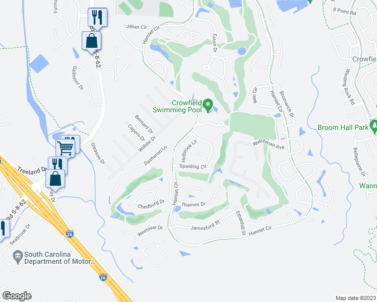 map of restaurants, bars, coffee shops, grocery stores, and more near 108 Holbrook Lane in Goose Creek