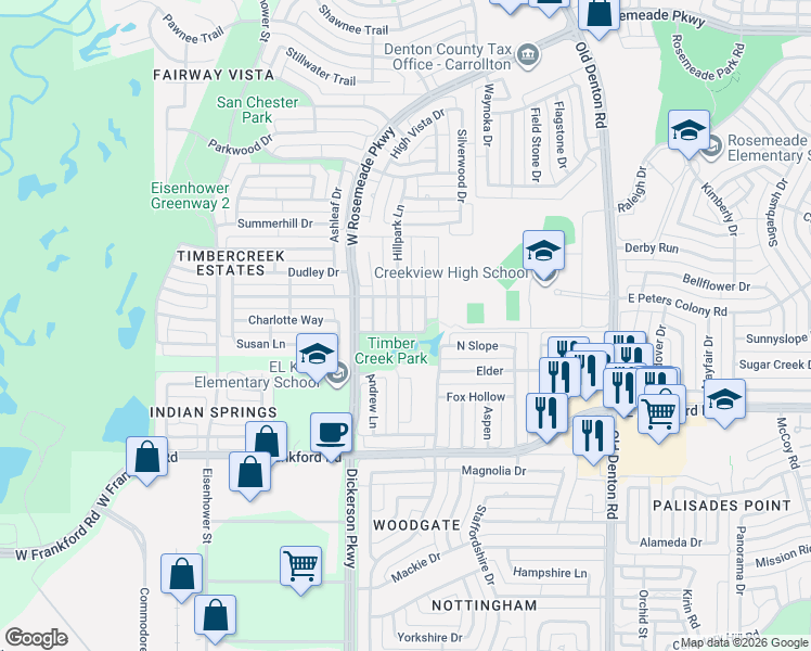 map of restaurants, bars, coffee shops, grocery stores, and more near 3200 Hillpark Lane in Carrollton
