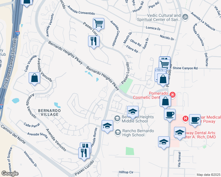 map of restaurants, bars, coffee shops, grocery stores, and more near 12791 Paseo Lucido in San Diego