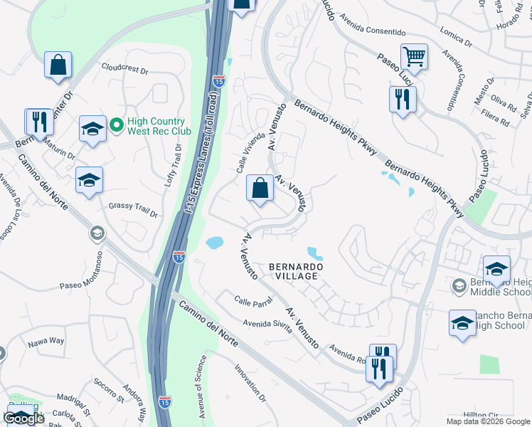 map of restaurants, bars, coffee shops, grocery stores, and more near 15720 Caminito Cercado in San Diego