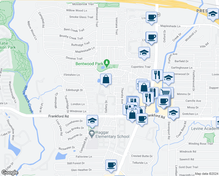 map of restaurants, bars, coffee shops, grocery stores, and more near 18333 Roehampton Drive in Dallas