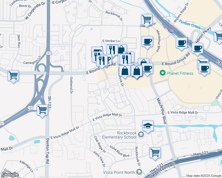 map of restaurants, bars, coffee shops, grocery stores, and more near 300 East Round Grove Road in Lewisville