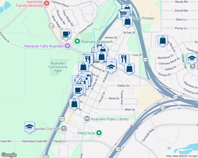 map of restaurants, bars, coffee shops, grocery stores, and more near 413 North Walnut Street in Roanoke