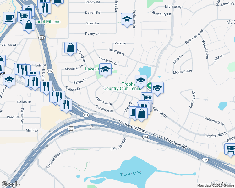 map of restaurants, bars, coffee shops, grocery stores, and more near 2 Alamosa Drive in Trophy Club