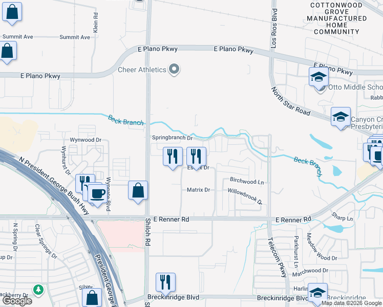 map of restaurants, bars, coffee shops, grocery stores, and more near 3204 Cedar Ridge Drive in Richardson