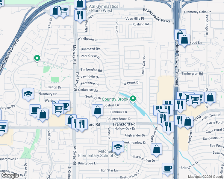 map of restaurants, bars, coffee shops, grocery stores, and more near 18512 Park Grove Lane in Dallas