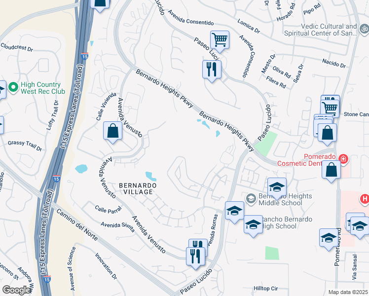 map of restaurants, bars, coffee shops, grocery stores, and more near 12132 Royal Birkdale Row in San Diego