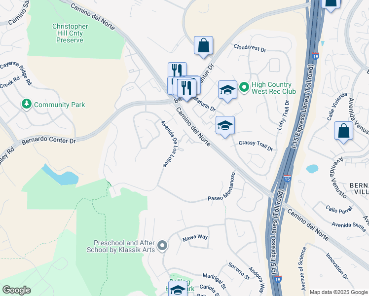 map of restaurants, bars, coffee shops, grocery stores, and more near 11227 Avenida De Los Lobos in San Diego