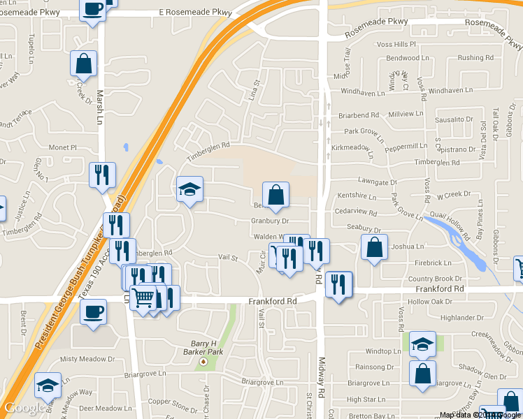 map of restaurants, bars, coffee shops, grocery stores, and more near 3836 Belton Dr in Dallas