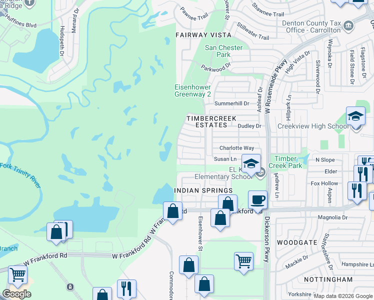 map of restaurants, bars, coffee shops, grocery stores, and more near 1525 Broken Bow Trail in Carrollton