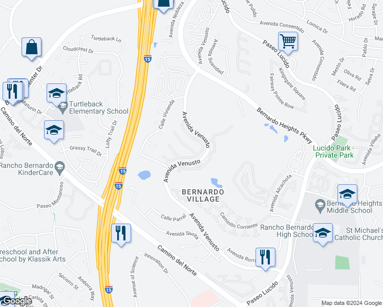 map of restaurants, bars, coffee shops, grocery stores, and more near 15720 Caminito Cercado in San Diego