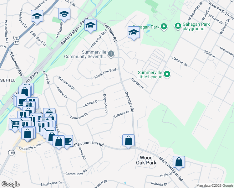 map of restaurants, bars, coffee shops, grocery stores, and more near 103 Flicker Lane in Summerville