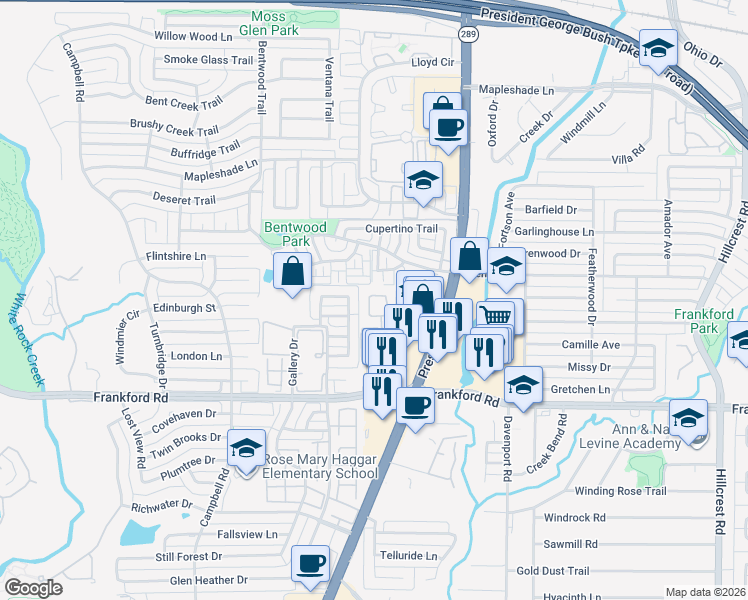 map of restaurants, bars, coffee shops, grocery stores, and more near 6131 Stapleford Circle in Dallas