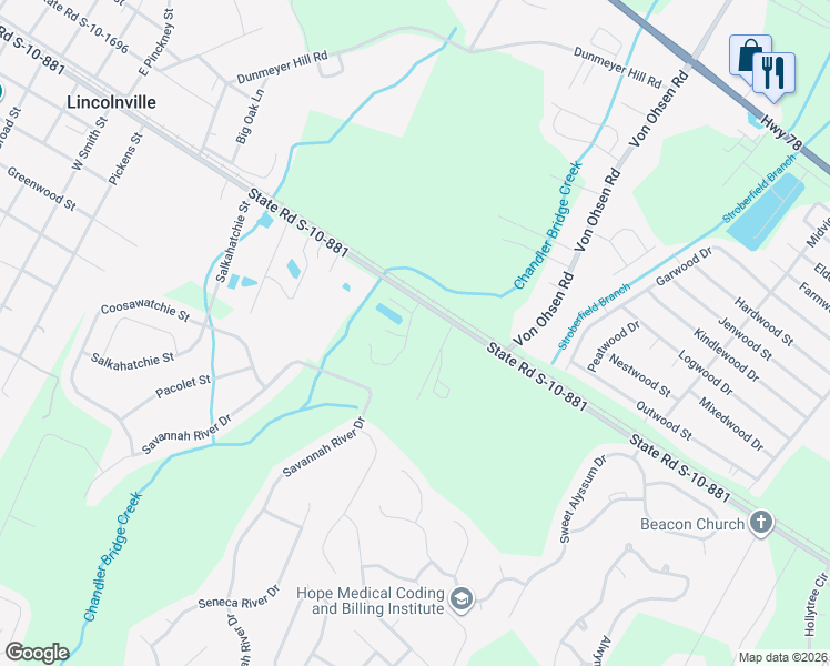 map of restaurants, bars, coffee shops, grocery stores, and more near 10369 Lincolnville Road in Summerville