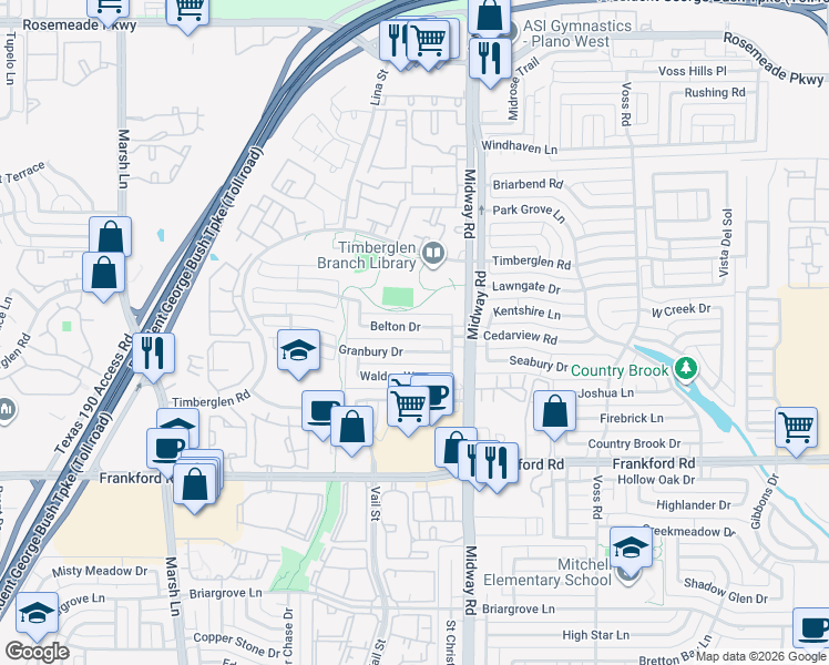 map of restaurants, bars, coffee shops, grocery stores, and more near 3912 Belton Drive in Dallas