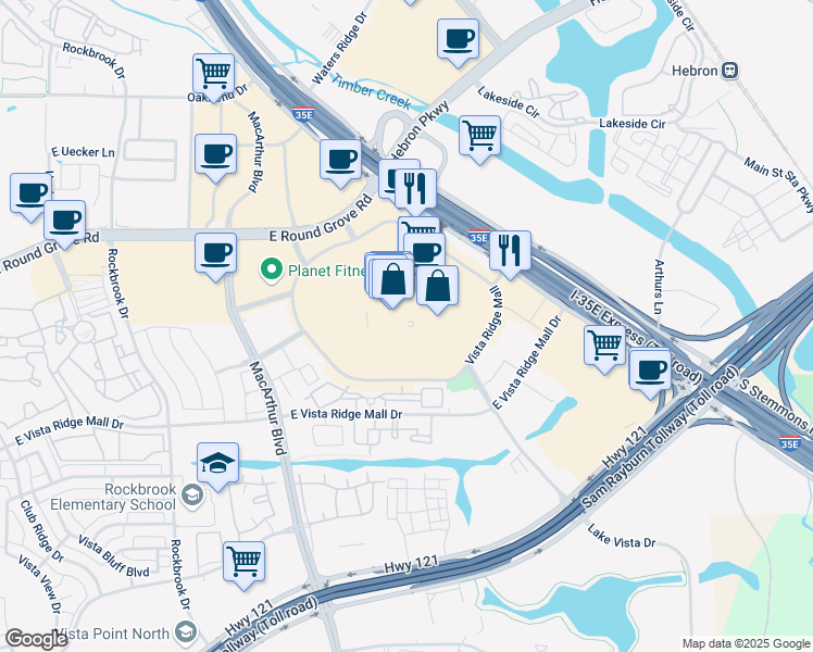 map of restaurants, bars, coffee shops, grocery stores, and more near 2401 South Stemmons Freeway in Lewisville