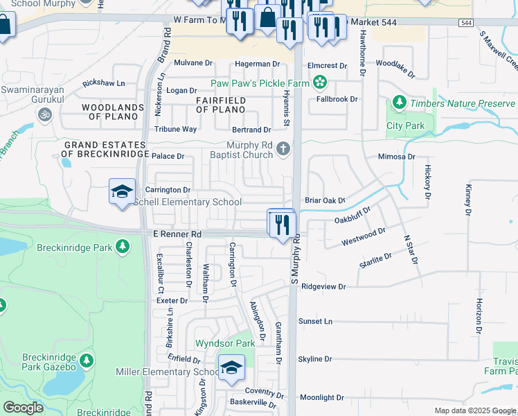 map of restaurants, bars, coffee shops, grocery stores, and more near 5712 Kensington Drive in Richardson