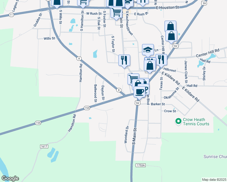 map of restaurants, bars, coffee shops, grocery stores, and more near 1302 Texas 8 in Linden