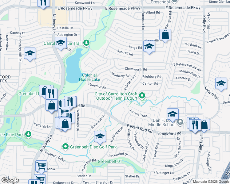 map of restaurants, bars, coffee shops, grocery stores, and more near 2051 Christie Lane in Carrollton