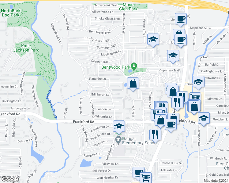 map of restaurants, bars, coffee shops, grocery stores, and more near 5905 Edinburgh Court in Dallas