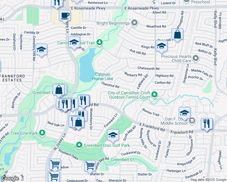 map of restaurants, bars, coffee shops, grocery stores, and more near 2037 Christie Lane in Carrollton