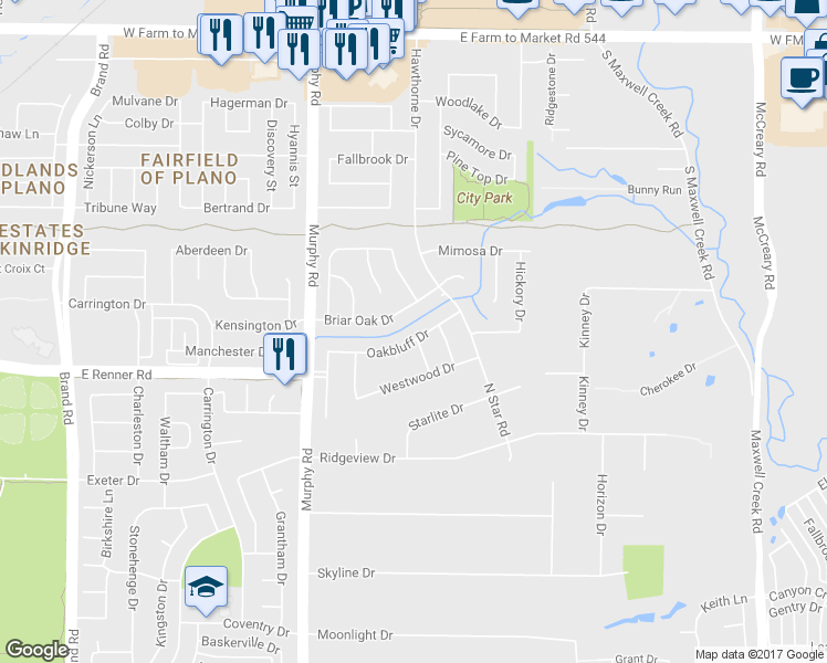 map of restaurants, bars, coffee shops, grocery stores, and more near 201 Oakbluff Drive in Murphy