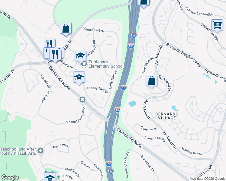 map of restaurants, bars, coffee shops, grocery stores, and more near 15865 Lofty Trail Drive in San Diego