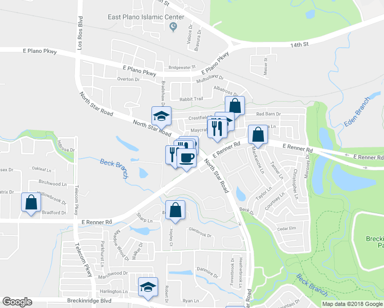 map of restaurants, bars, coffee shops, grocery stores, and more near 3601 North Star Road in Richardson