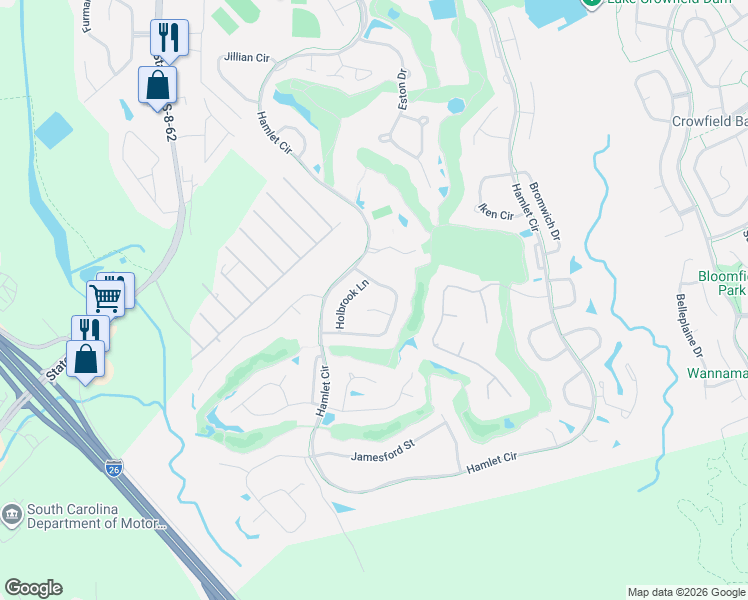 map of restaurants, bars, coffee shops, grocery stores, and more near 119 Spalding Circle in Goose Creek