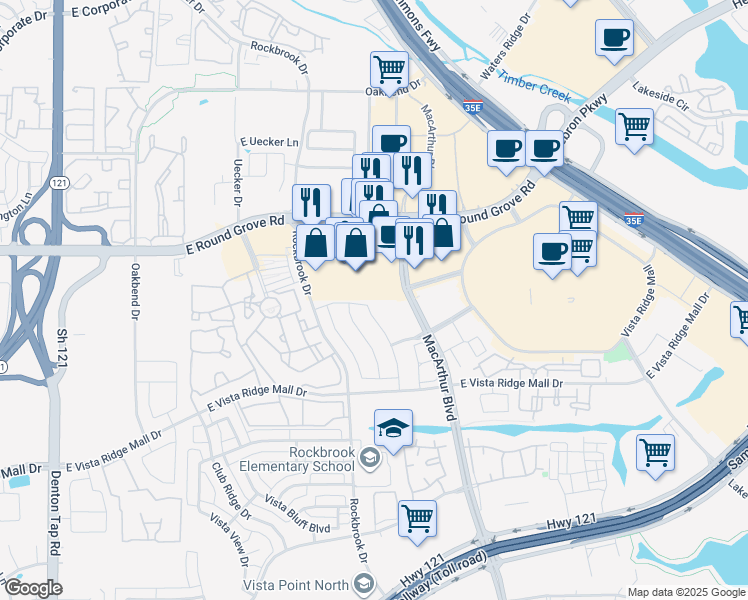 map of restaurants, bars, coffee shops, grocery stores, and more near 477 Busher Dr in Lewisville