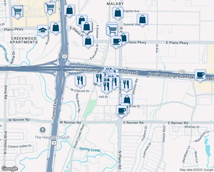 map of restaurants, bars, coffee shops, grocery stores, and more near 1251 State Street in Richardson