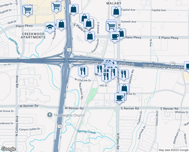 map of restaurants, bars, coffee shops, grocery stores, and more near Routh West Drive in Richardson