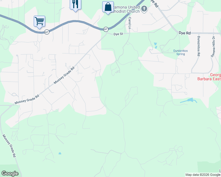 map of restaurants, bars, coffee shops, grocery stores, and more near 15677 Oak Valley Road in Ramona