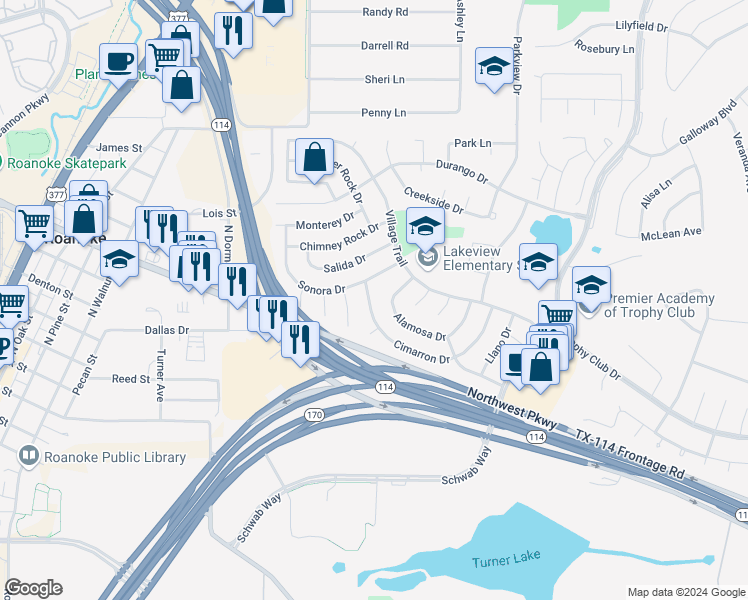 map of restaurants, bars, coffee shops, grocery stores, and more near 58 Cimarron Drive in Trophy Club