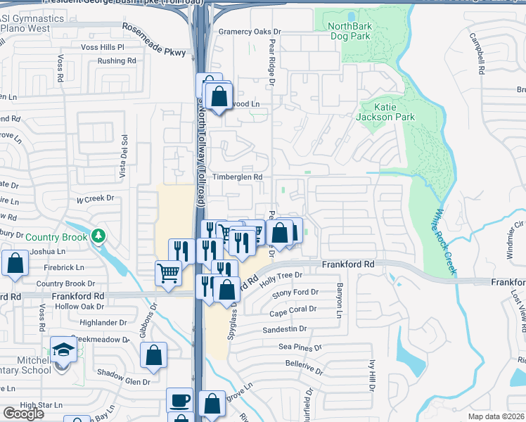 map of restaurants, bars, coffee shops, grocery stores, and more near 4753 Old Bent Tree Lane in Dallas