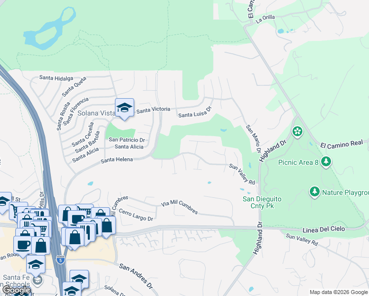 map of restaurants, bars, coffee shops, grocery stores, and more near 1328 Sun Valley Road in Solana Beach