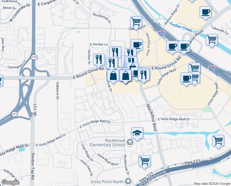 map of restaurants, bars, coffee shops, grocery stores, and more near 385 Busher Drive in Lewisville