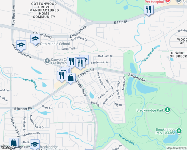 map of restaurants, bars, coffee shops, grocery stores, and more near 3623 Mackenzie Lane in Richardson