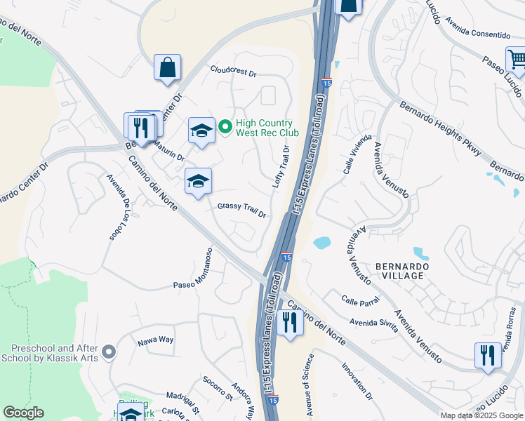 map of restaurants, bars, coffee shops, grocery stores, and more near 11479 Grassy Trail Drive in San Diego