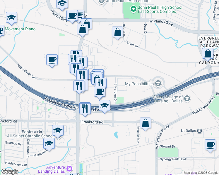 map of restaurants, bars, coffee shops, grocery stores, and more near 301 Silverglen Drive in Plano