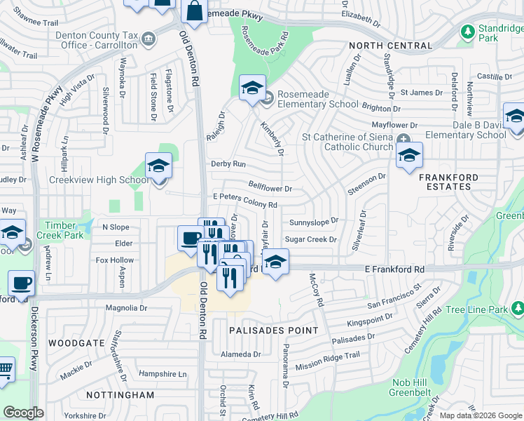 map of restaurants, bars, coffee shops, grocery stores, and more near 3132 Mayfair Drive in Carrollton